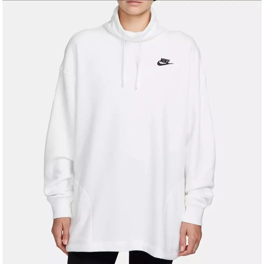 Nike Women's White Club Fleece Oversized Mock-Neck Sweatshirt Sz LARGE